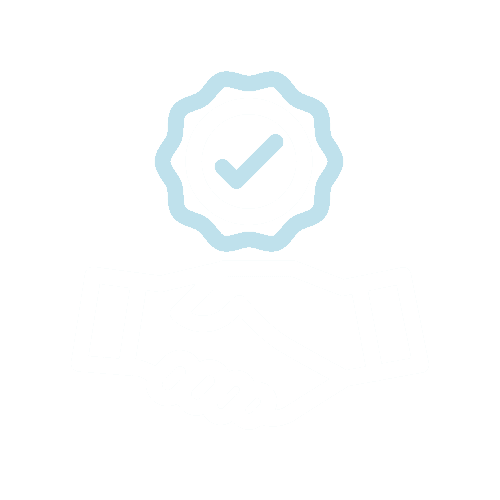 Two hands shaking below a checkmark badge, symbolizing agreement and trust.