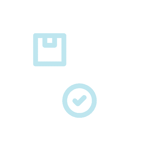 A pale blue icon of a document with a box symbol, a stamp, and a checkmark in a circle on it.