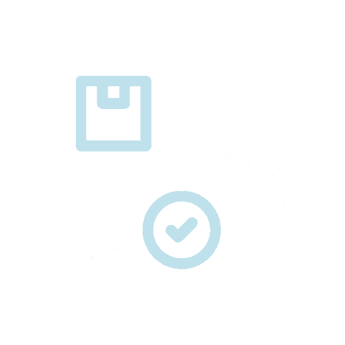 Simplified icon of a document with lines, a package symbol, a check mark circle, and a stamp, all in light blue on a black background.