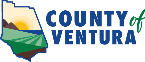 Logo of the County of Ventura featuring a landscape with hills, a sun, fields, and County of Ventura text in blue and green.
