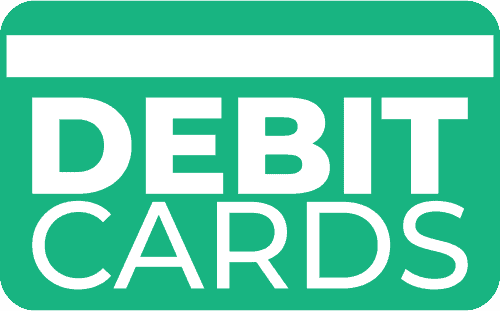 Green sign with white text reading DEBIT CARDS and an abstract white rectangular line above the text.