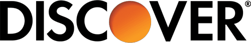 Logo of Discover with a bright orange circle and letters in black.