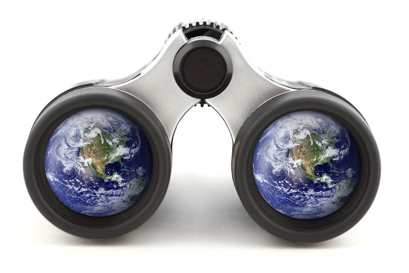 Binoculars with lenses displaying images of Earth, viewed from space.