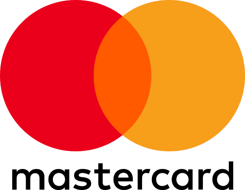 Two overlapping circles, one red and one yellow, form the Mastercard logo with an orange intersection.